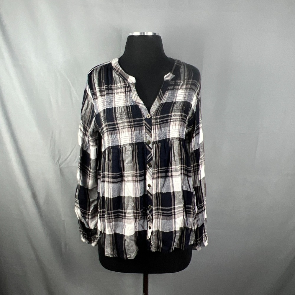 Knox Rose Flannel Shirt Womens Medium Black White Plaid Button Up High Low Hem